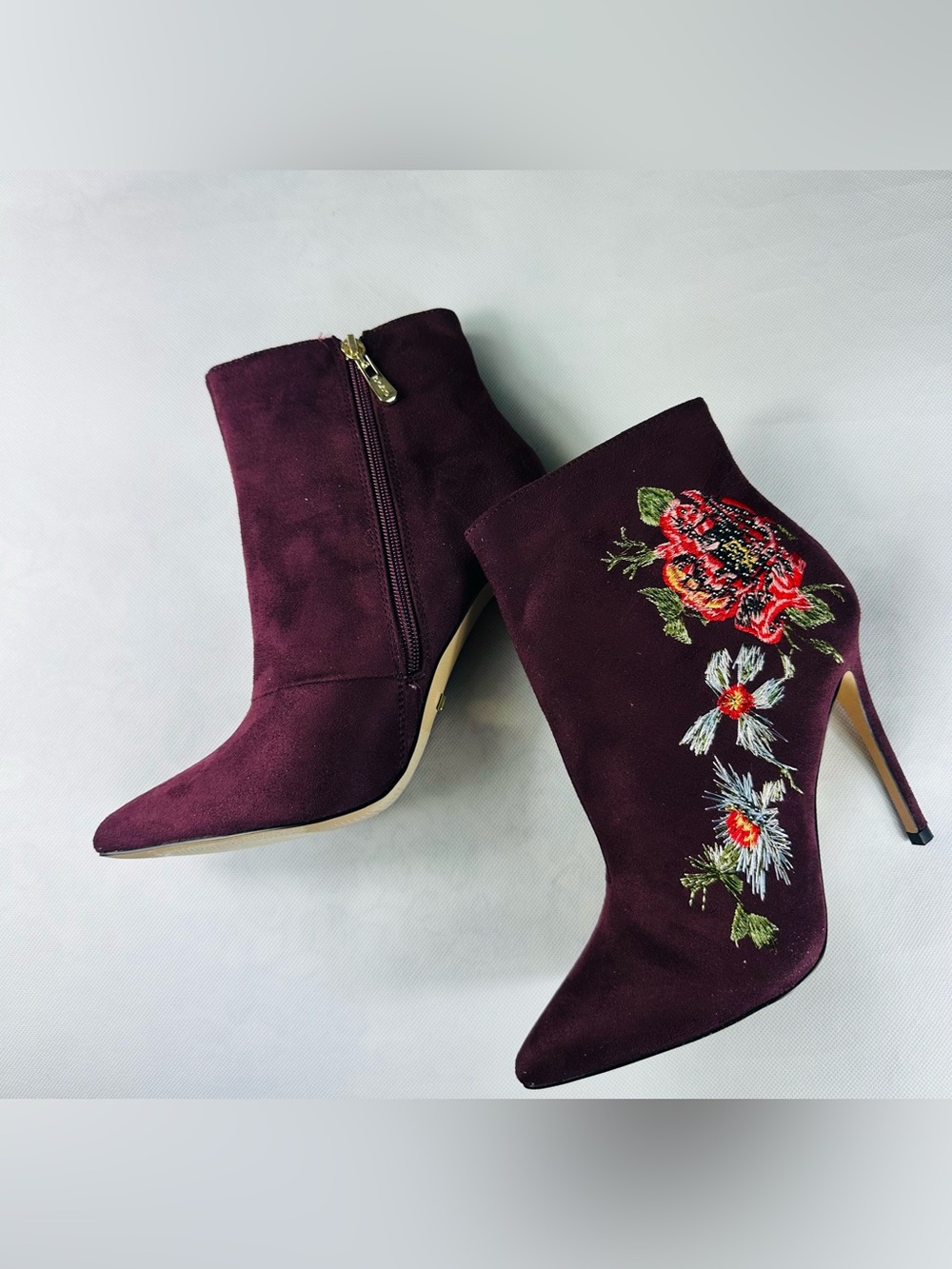 bebe Burgundy Floral Embroidered Pointed-Toe Ankle Booties - Picture 5 of 15